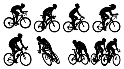 Obraz premium Professional cyclist silhouettes vector set featuring road bike racers and time trial triathletes in fast aerodynamic riding positions
