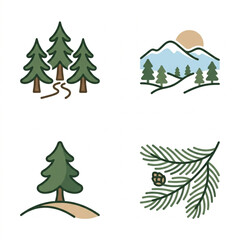 Obraz premium Pine Tree Forest and Nature Flat Icon Set with Mountain Landscape