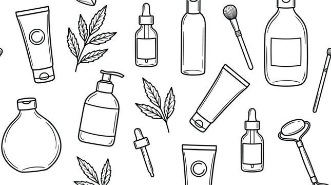 Organic hemp skincare line art seamless pattern with cosmetic dropper bottles tubes and jade face roller vector