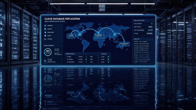 Cloud database replication interface for global data synchronization across multiple regions, for high availability, digital infrastructure, seamless network connectivity