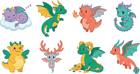 Obraz premium Cute Cartoon Dragon Character Collection with Fantasy Baby Dragons and Mascots