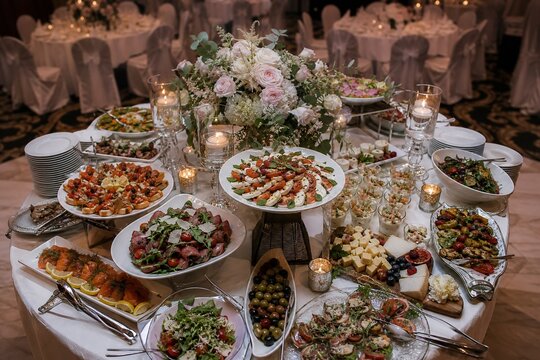 guests. Overhead view of an elegant wedding buffet table, displaying gourmet dishes in a softly lit, decorative arrangement. menu design.