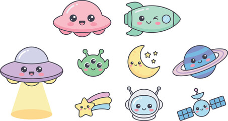 Cute Kawaii Outer Space Vector Icon Set with UFO Rocket Alien Astronaut Helmet Planet Saturn Moon and Shooting Star Character Illustrations for Kids © MD SOJIB 