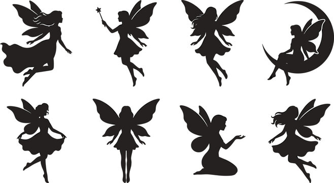 Elegant Fairy Silhouettes with Wings in Magical Dance and Fantasy Poses