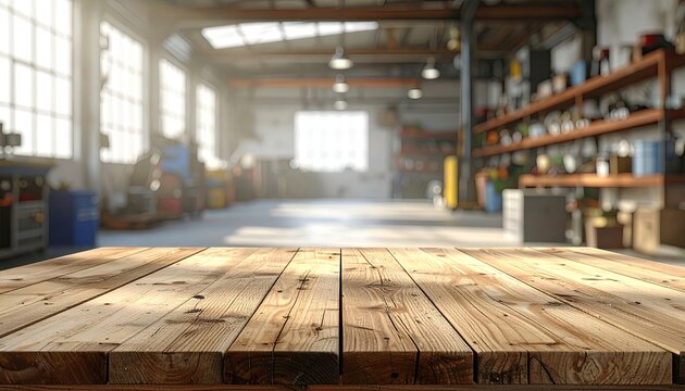 Rustic Wooden Table in a Sunlit Workshop with Tools and Shelves.
