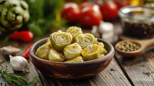 Marinated artichoke hearts in wooden bowl on rustic table with tomatoes and garlic
