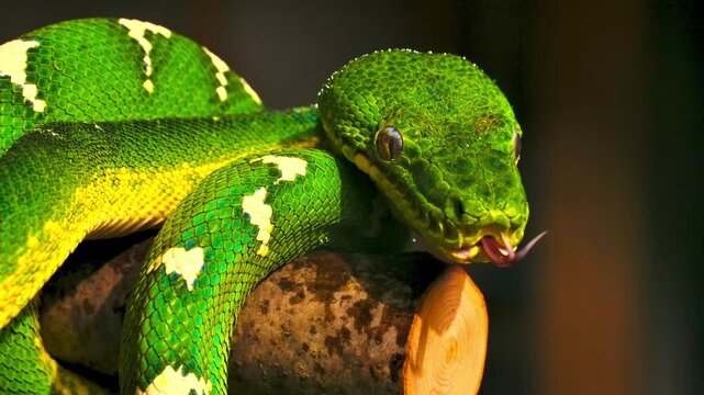 Close up shot of a vibrant green tree python snake coiled on a branch while flicking its dark tongue in nature
