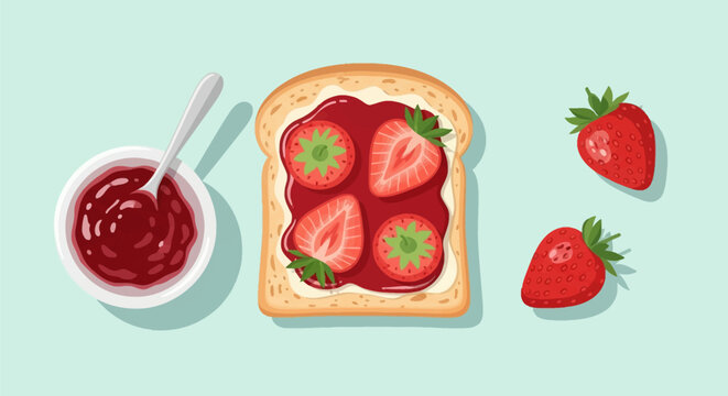 Flat lay vector illustration of a slice of toasted bread spread with strawberry jam and topped with sliced fresh berries, accompanied by a small bowl of preserves and a spoon.