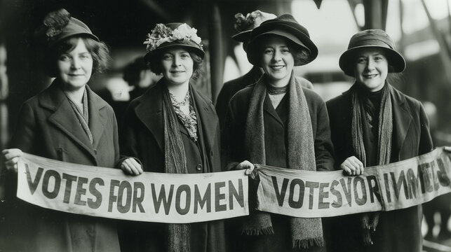 A group of women in 1920s clothing holding Votes for Women banners, black and white