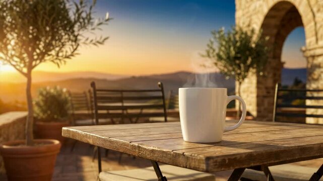 Steaming coffee mug on wooden table at sunset. Hot beverage on outdoor patio terrace overlooking landscape. Relaxing morning or evening coffee break scene.
