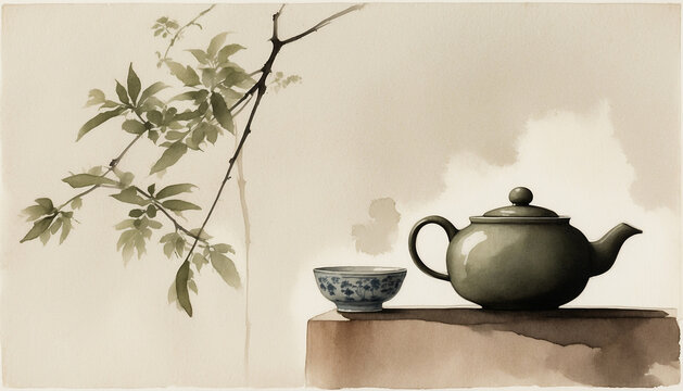 Minimalist Japanese watercolor of a teapot and cup with steam