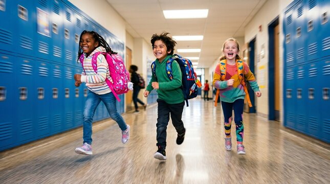 Diverse group of happy young students running through a brightly lit school hallway with colorful backpacks after finishing their classes for the day excited children