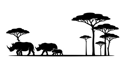African savanna landscape with rhinoceros family silhouette and acacia trees vector illustration for wild nature background design © AlviAhmed