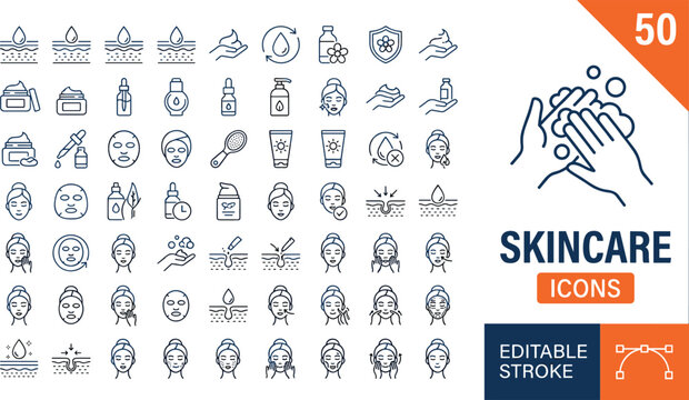 Skincare icons mega set with editable stroke lines for beauty routine dermatology and cosmetic product vector