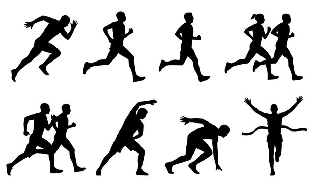 Running athlete silhouette collection vector sports and marathon runner poses