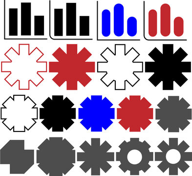 vector art drawing design illustration background poster flat 2D set of black red blue white icons mechanic gears bubble text speech variety symbol logo wheel chart nurse medic health