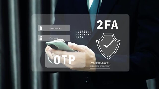 Business user accessing secure login system with OTP verification and two factor authentication for online cybersecurity protection.