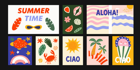 Collection of summer themed vector illustrations featuring tropical fruits marine life and suns illustration fruit © Lalin