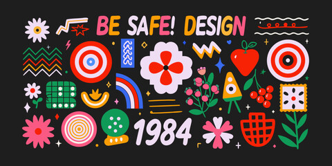 Fototapeta premium Retro floral ornament and geometric pattern collection vibrant vector illustration on black background 1984 abstract design