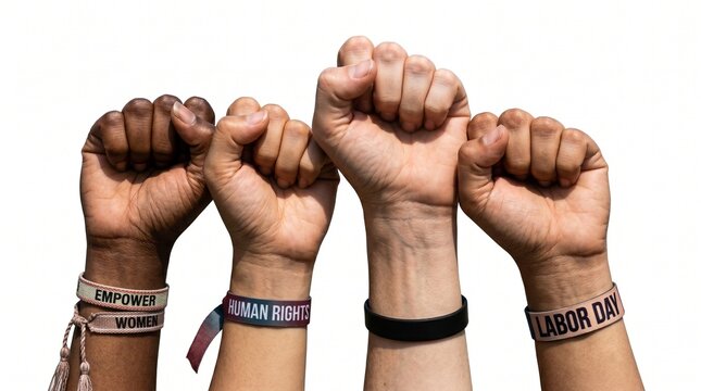 Raised fists showing diversity and unity with wristbands featuring social justice messages for human rights and equality isolated on a plain white background for design