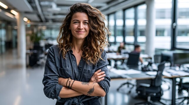 Selbstbewusste Gesch&auml;ftsfrau im modernen B&uuml;ro mit professioneller Ausstrahlung