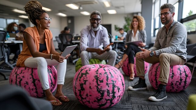 Kreatives Teammeeting mit ungew&ouml;hnlichen Wassermelonenhockern im modernen B&uuml;ro