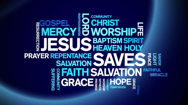 Jesus Saves animated word cloud-text design animation tag kinetic typography seamless loop.
