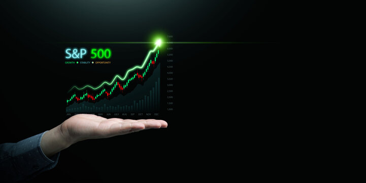 Hand with floating S and P 500 growth chart with rising growing line and candlestick graph on dark copy space. Stock market performance, investment strategy, financial growth and trading opportunity.