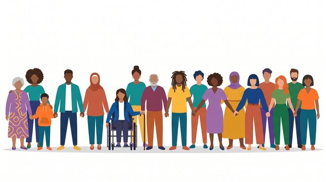 Diverse group of people standing together holding hands in a flat vector illustration style representing community unity inclusion equality and social diversity on white background