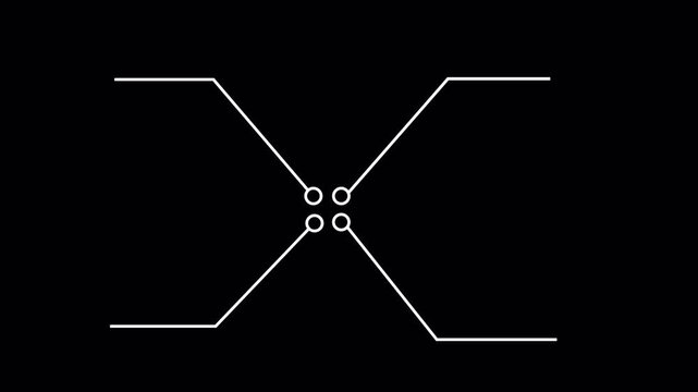 Futuristic HUD interface element with four symmetric angled lines and circle nodes on black background