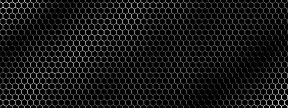 Honeycomb grid fiber bg. Dark hexagon texture with gradient. Seamless vector background.