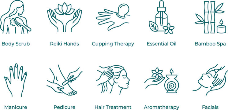 Spa and wellness therapy line icon set with manicure pedicure aromatherapy facials body scrub vector illustrations