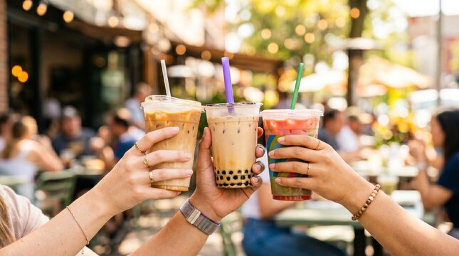 Bubble tea drinks held by friends cheering together with colorful plastic cups and straws in a sunny outdoor cafe setting with blurred background bokeh lights