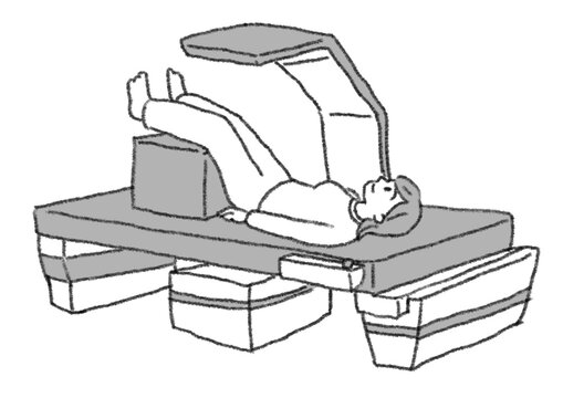 Monochrome cartoon illustration of a patient lying down for a DEXA scan bone density test, black and white line art clipart