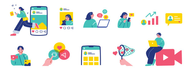 SNSを活用する人々のイラストセット © Sami