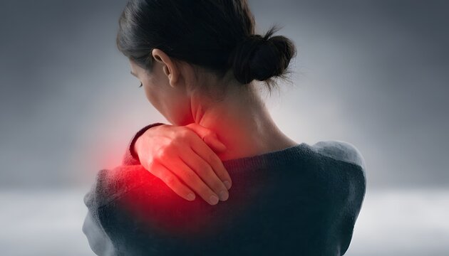 Neck and shoulder tension with localized upper back strain. Medical therapy and pain relief concepts. Female touching sore neck muscles with illuminated red injury zone