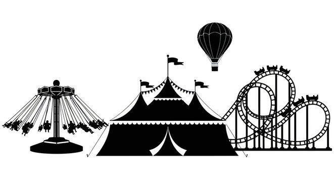 Amusement park carnival silhouette with roller coaster and circus tent