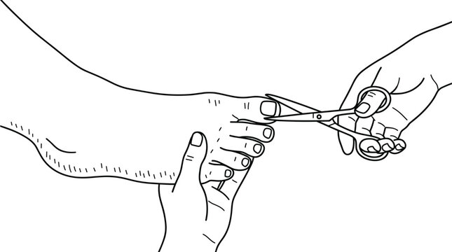 Toenail trimming and pedicure line art illustration featuring hands cutting nails with small sharp beauty scissors