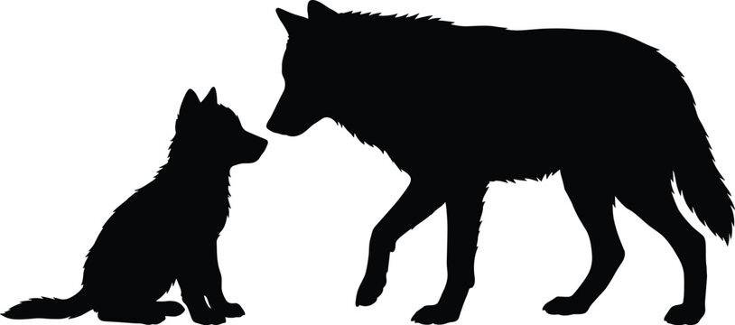 Black silhouette illustration of an adult wolf and young pup interacting isolated on white background