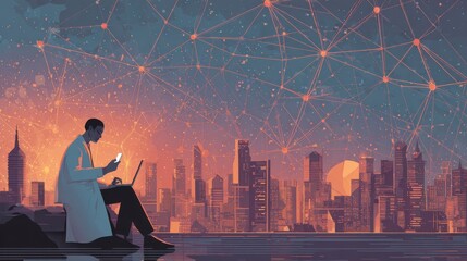 Fototapeta premium Big data, digital technology, internet network connection, futristic technology background. Man using mibile phobe and laptop and smart city