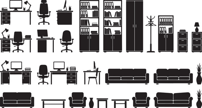 Office and lounge furniture silhouettes set including desks chairs sofas bookshelves and cabinets for interior design projects