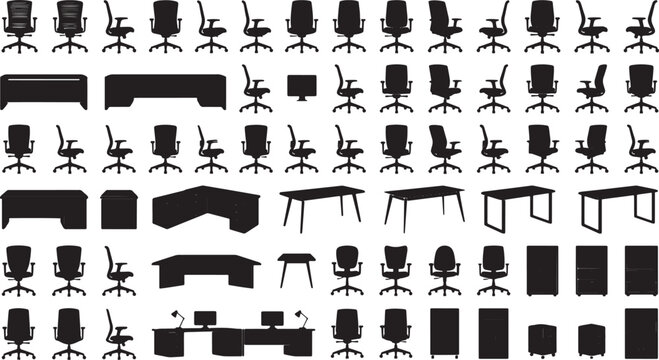 Office furniture silhouette collection featuring various desk styles and ergonomic chairs for interior design and workspace planning