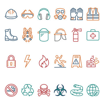 Workplace Safety Icons Collection Illustrating Personal Protective Equipment and Hazard Warnings