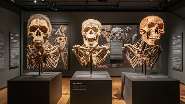 Comparative display of ancient hominid skulls and skeletal torsos in a museum exhibit focusing on evolutionary dental anatomy