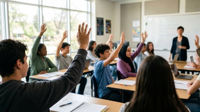 Diverse students raising hands in a bright modern classroom to ask questions to their teacher during an engaging interactive lesson at a high school academy