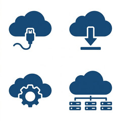 Obraz premium Blue Cloud Technology Icon Set with Download Server Settings and Network Symbol