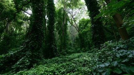 Fototapeta premium A lush thriving rainforest is beautifully draped in dense vines and surrounded by vibrant natural beauty