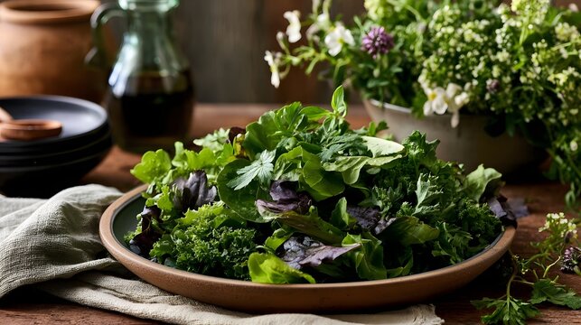 A serene high  arrangement of fresh salad ingredients showcasing earthy tones and rustic textures