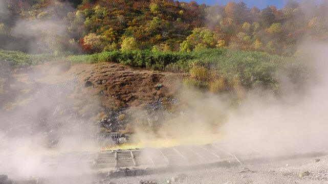 玉川温泉の噴煙（源泉流）と紅葉
