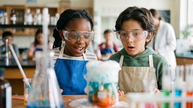 Students performing chemistry experiment in school science lab wearing protective safety goggles and aprons while observing a colorful bubbling chemical reaction in a glass beaker